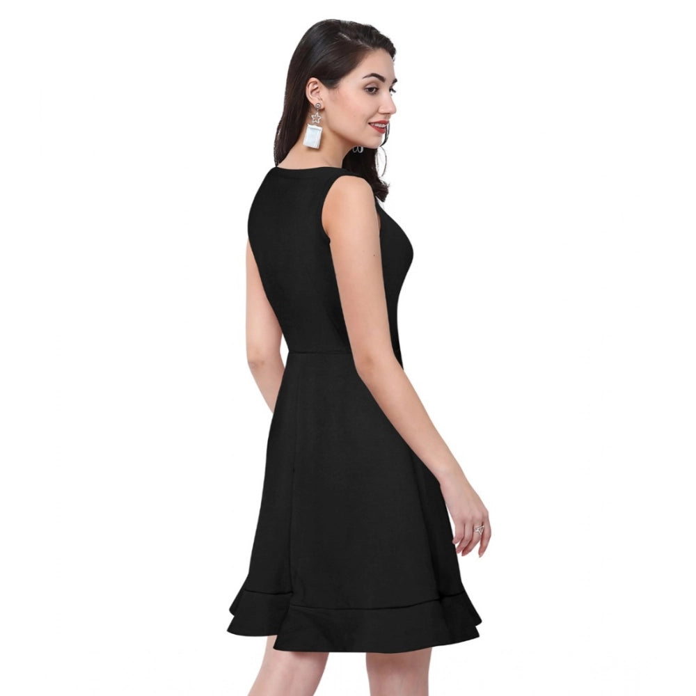 Seduva Women's Polyester Solid Round Neck Sleeveless Dress (Black)