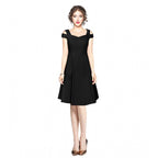 Seduva Women's Polyester Solid V Neck Cap Sleeve off Shoulder Dress (Black)