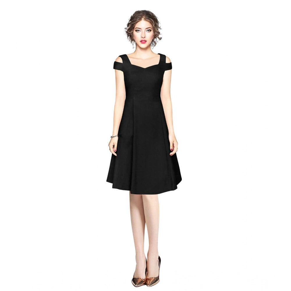 Seduva Women's Polyester Solid V Neck Cap Sleeve off Shoulder Dress (Black)