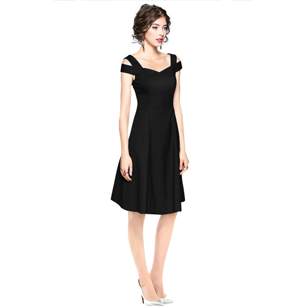 Seduva Women's Polyester Solid V Neck Cap Sleeve off Shoulder Dress (Black)