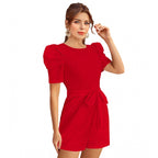 Seduva Women's Knitting stretchable Solid Round Neck 3-4 Puff Sleeve Dress (Red )
