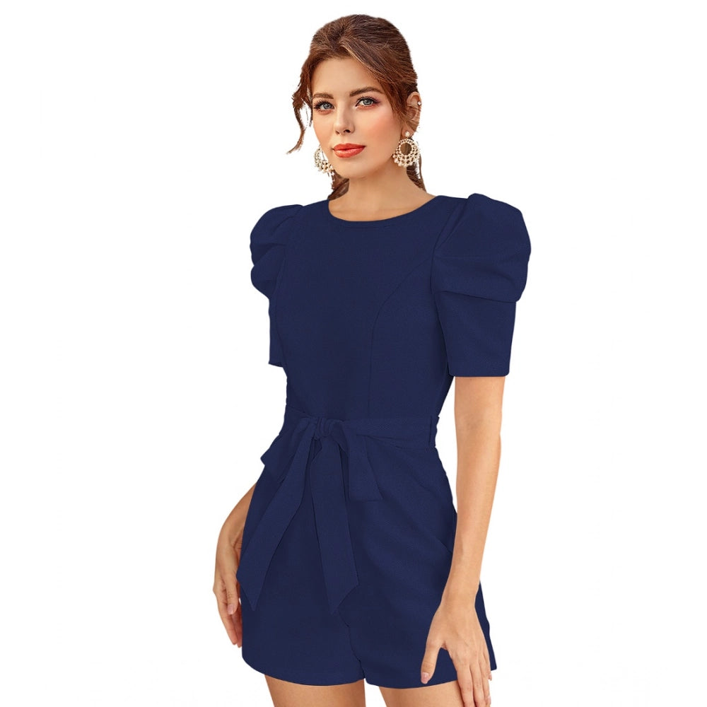 Seduva Women's Knitting stretchable Solid Round Neck 3-4 Puff Sleeve Dress (Blue)