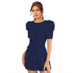 Seduva Women's Knitting stretchable Solid Round Neck 3-4 Puff Sleeve Dress (Blue)