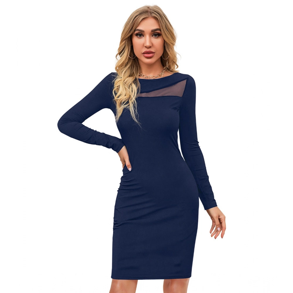 Seduva Women's Knitting stretchable Solid Round Neck Full Sleeve Dress (Blue )