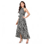 Seduva Women's Polyester Zebra Pattern Halter Neck Sleeveless Dress (White)