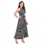 Seduva Women's Polyester Zebra Pattern Halter Neck Sleeveless Dress (Navy Blue)