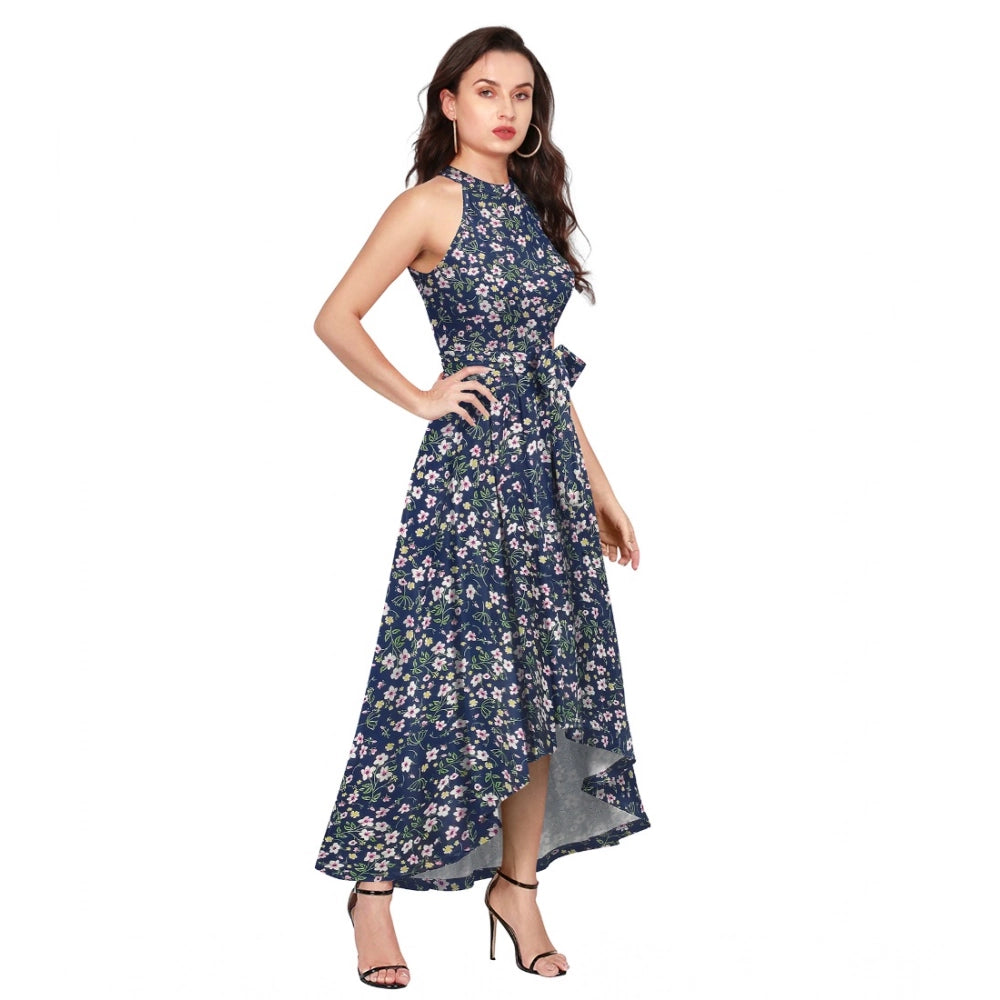 Seduva Women's Polyester Printed Halter Neck Sleeveless Dress (Blue)