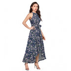 Seduva Women's Polyester Printed Halter Neck Sleeveless Dress (Blue)