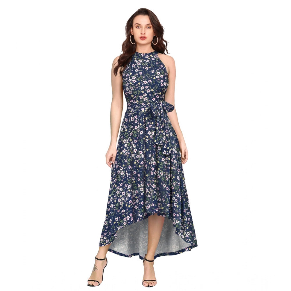 Seduva Women's Polyester Printed Halter Neck Sleeveless Dress (Blue)