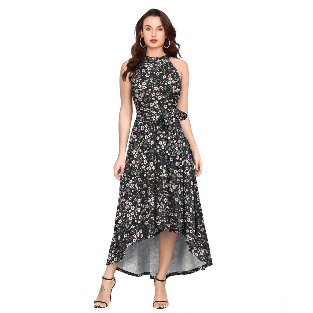 Seduva Women's Polyester Printed Halter Neck Sleeveless Dress (Black)