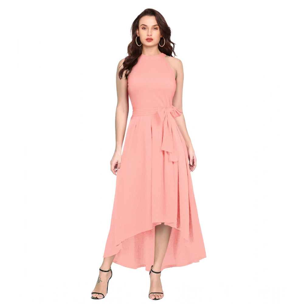 Seduva Women's Polyster Solid Halter Neck Sleeveless Dress (Peach)
