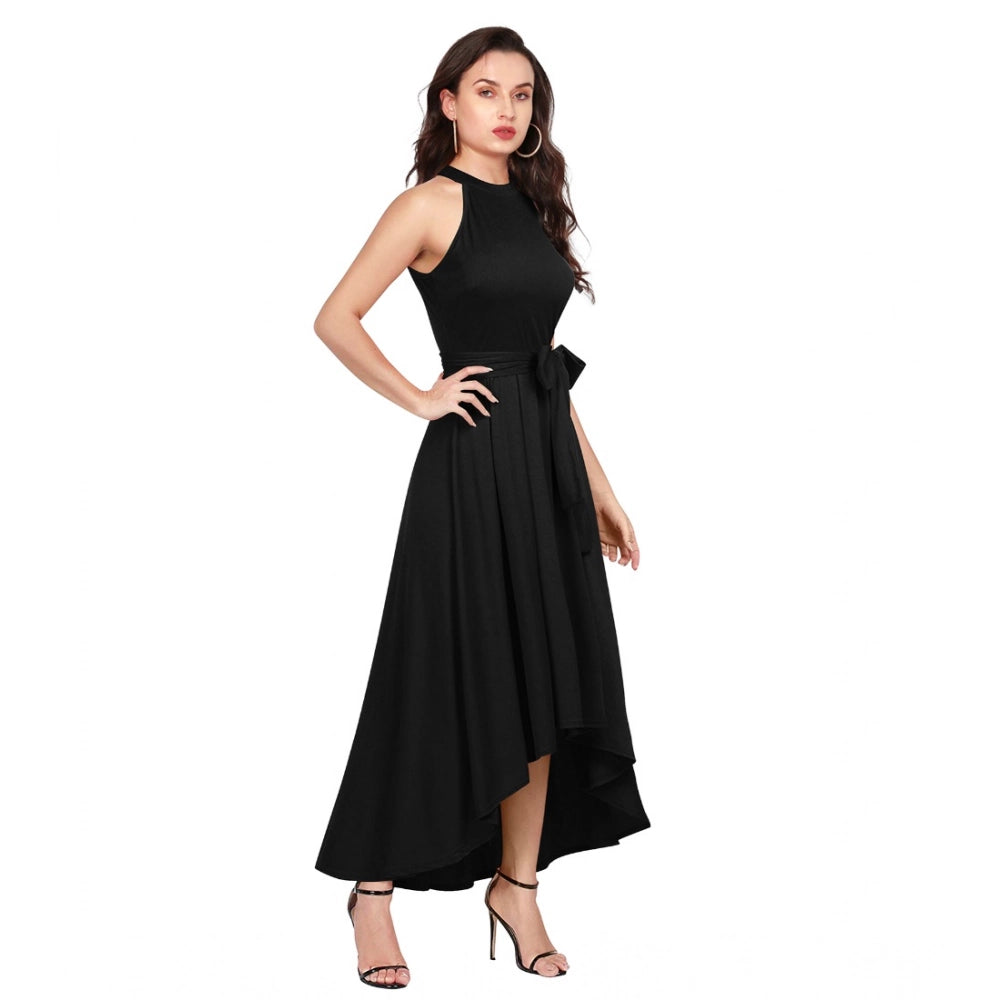 Seduva Women's Polyster Solid Halter Neck Sleeveless Dress (Black)