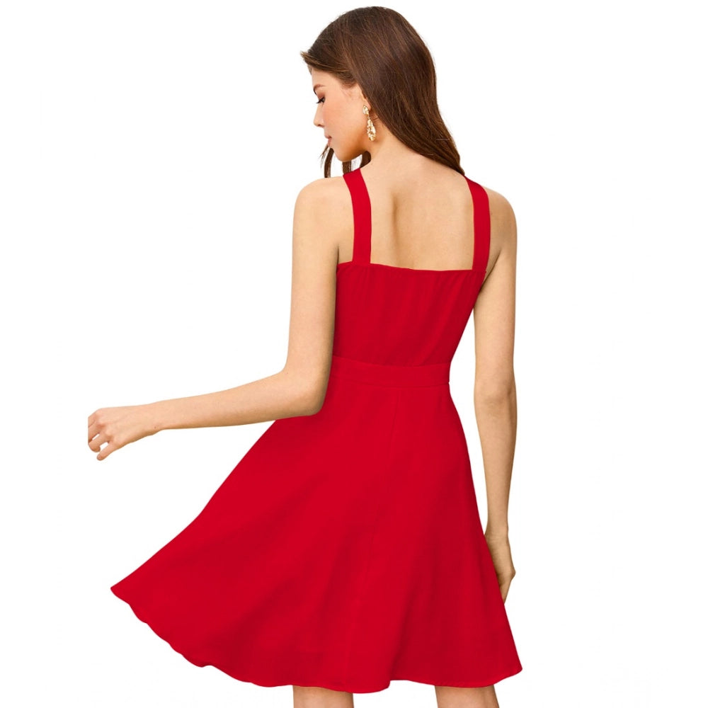 Seduva Women's Knitting stretchable Solid Halter Neck Sleeveless Dress (Red )