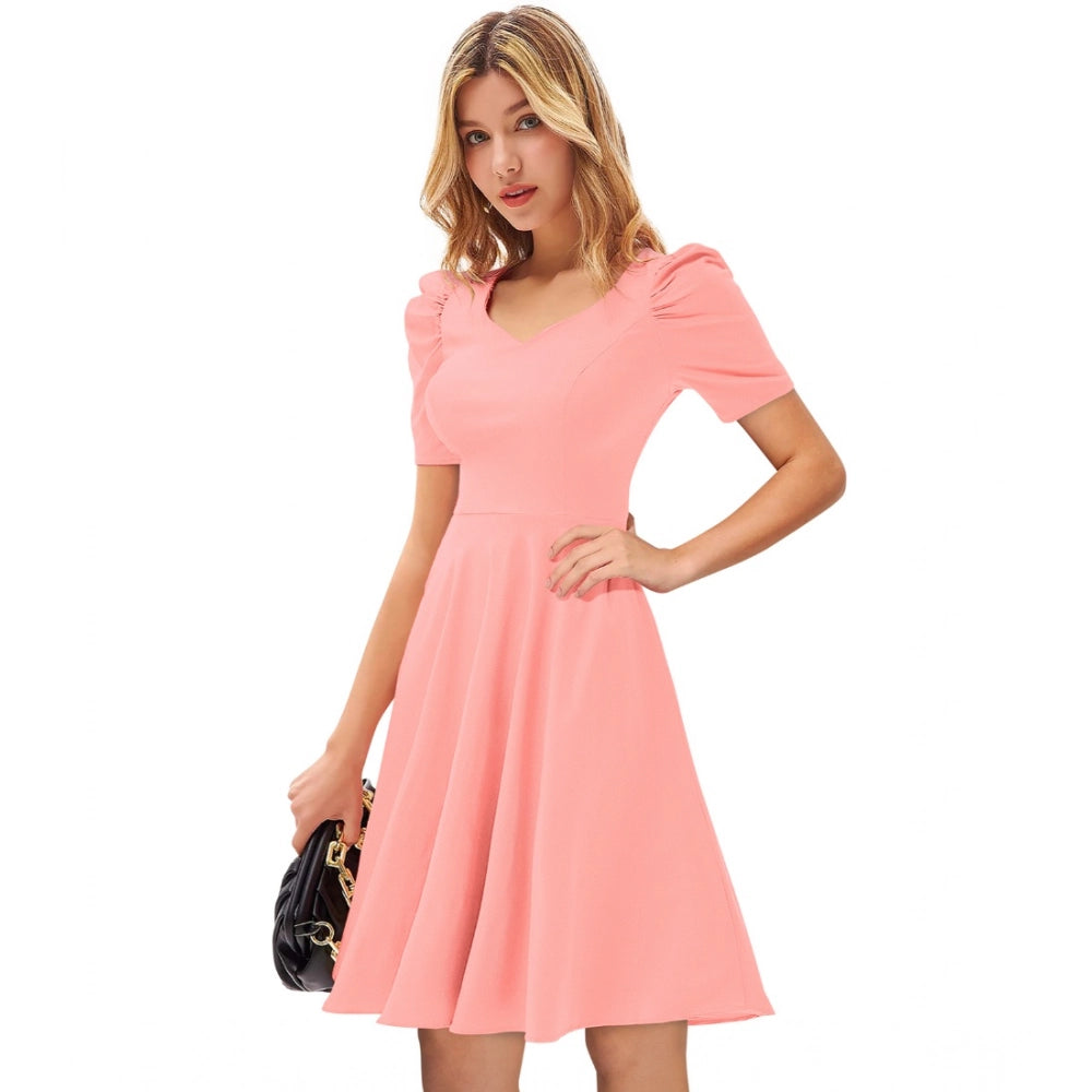 Seduva Women's Knitting stretchable Solid V Neck Cap Sleeve Dress (Peach)