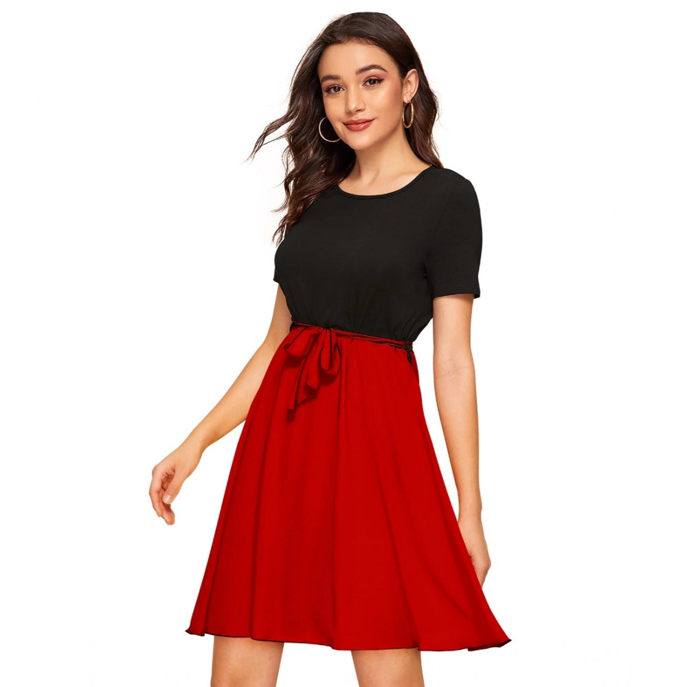 Seduva Women's Knitting stretchable Solid Round Neck Cap Sleeve Dress (Red)