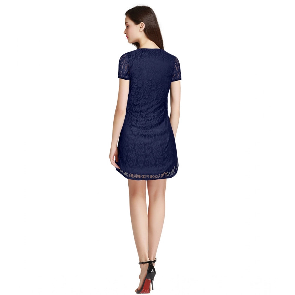 Seduva Women's Rasal Solid Round Neck Cap Sleeve Dress (Blue)