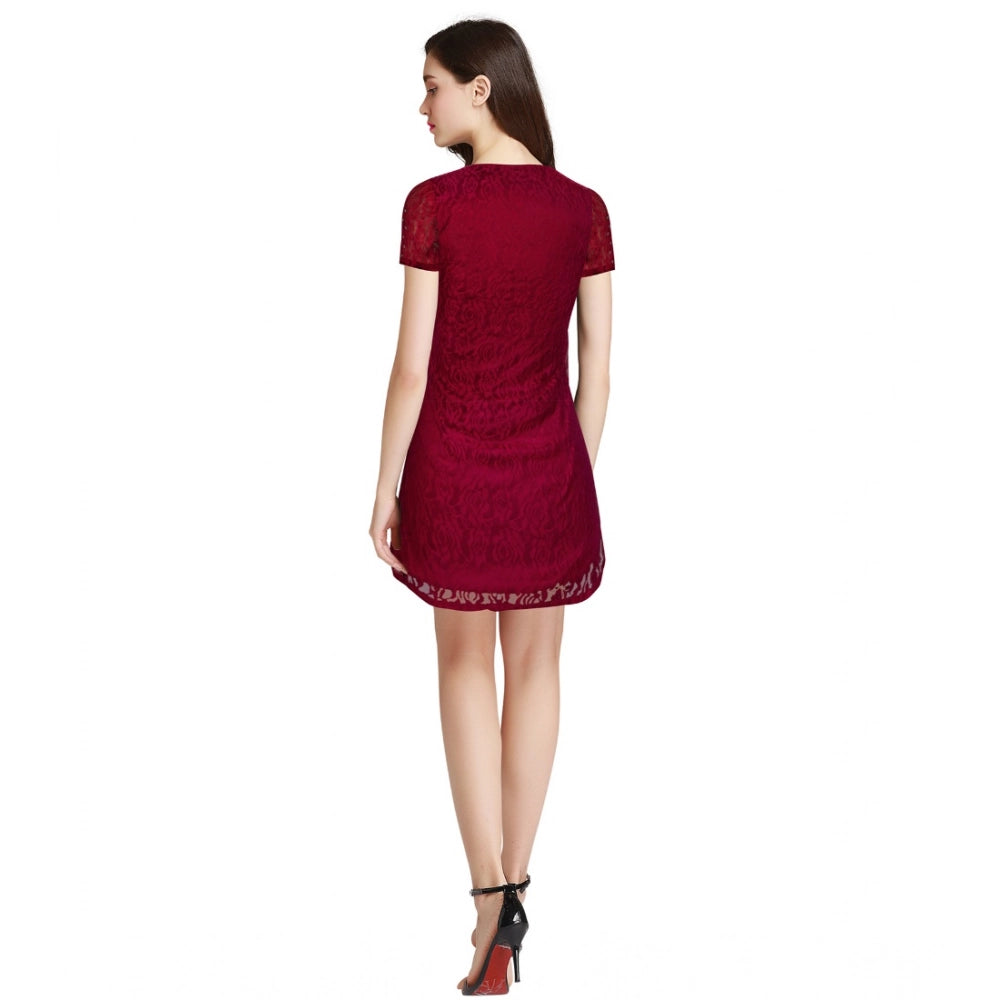 Seduva Women's Rasal Solid Round Neck Cap Sleeve Dress (Maroon)
