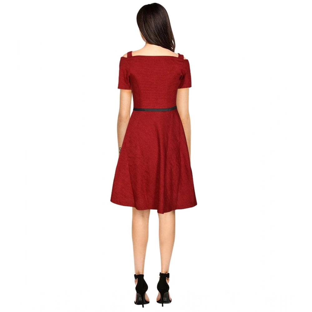 Seduva Women's Polyester Solid V Neck Cap Sleeve Dress (Maroon)