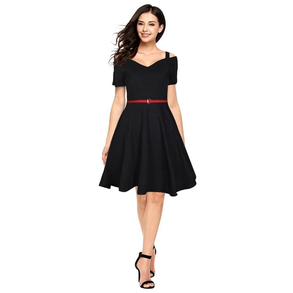 Seduva Women's Polyester Solid V Neck Cap Sleeve Dress (Black)