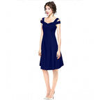 Seduva Women's Polyester Solid V Neck Cap Sleeve off Shoulder Dress (Blue)