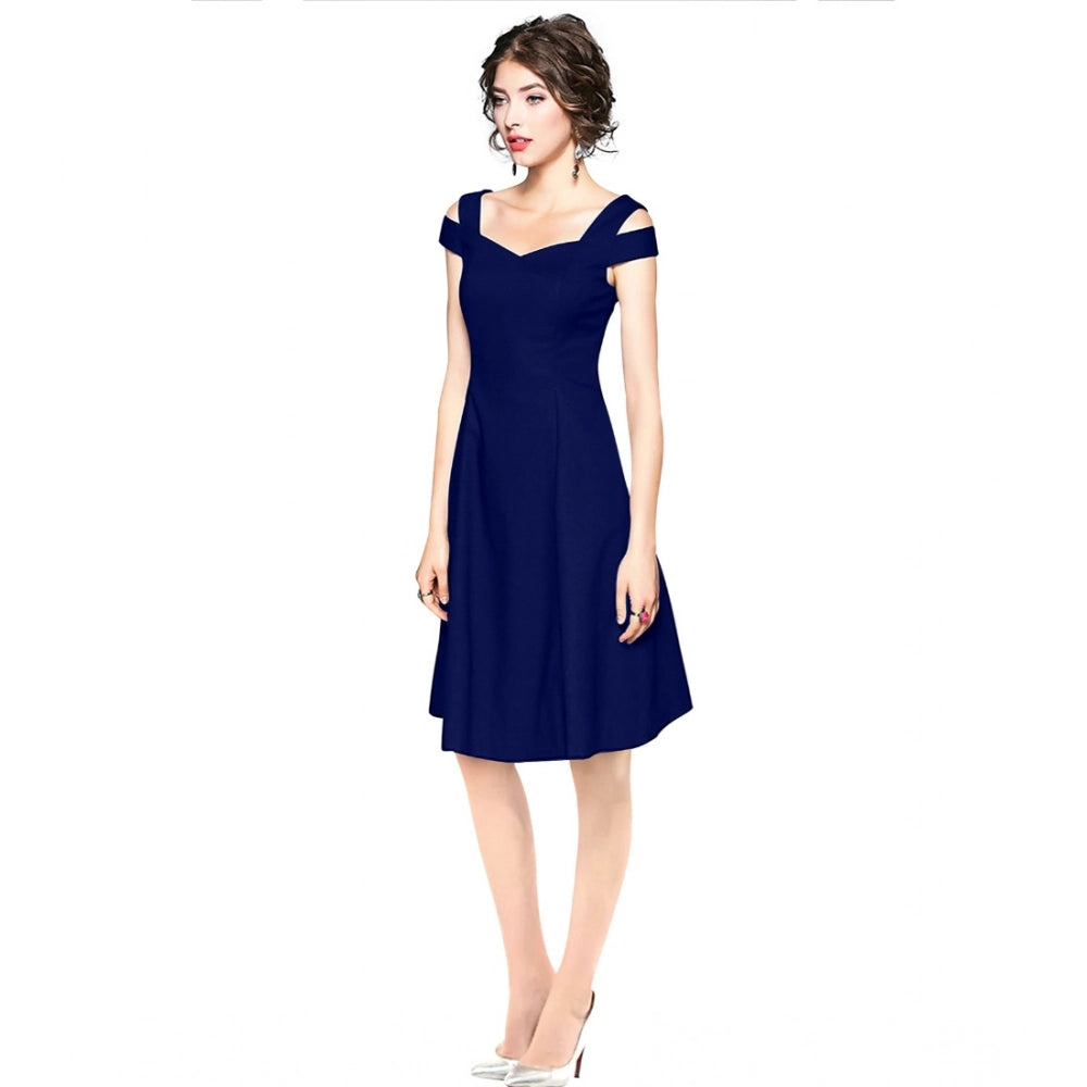 Seduva Women's Polyester Solid V Neck Cap Sleeve off Shoulder Dress (Blue)
