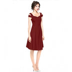 Seduva Women's Polyester Solid V Neck Cap Sleeve off Shoulder Dress (Maroon)