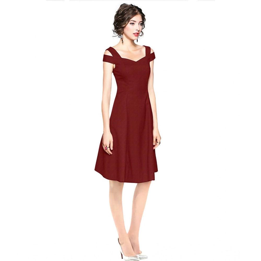 Seduva Women's Polyester Solid V Neck Cap Sleeve off Shoulder Dress (Maroon)