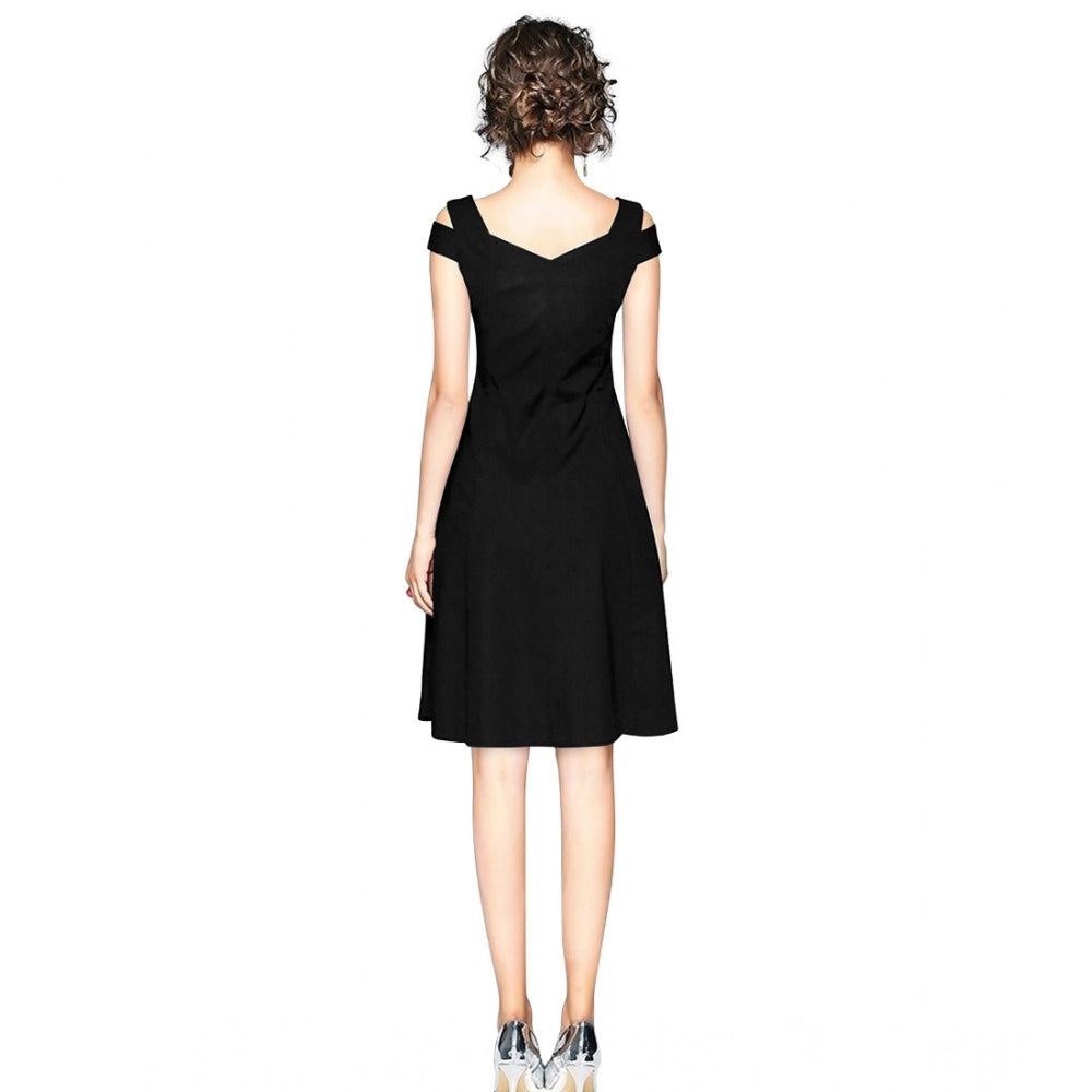 Seduva Women's Polyester Solid V Neck Cap Sleeve off Shoulder Dress (Black)