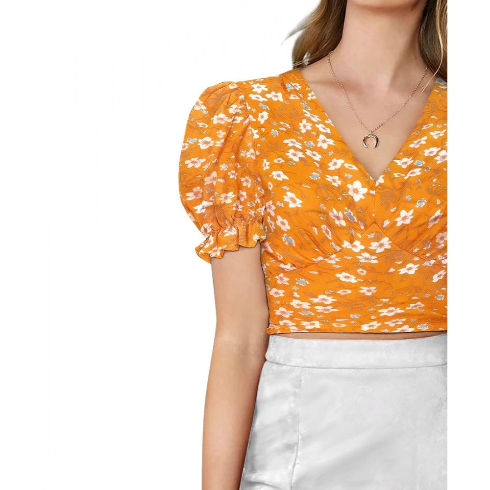 Seduva Women's Knitting Printed V-Neck Puff Sleeve Tops (Yellow)