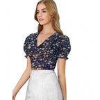 Seduva Women's Knitting Printed V-Neck Puff Sleeve Tops (Navy Blue)