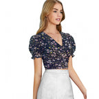 Seduva Women's Knitting Printed V-Neck Puff Sleeve Tops (Navy Blue)