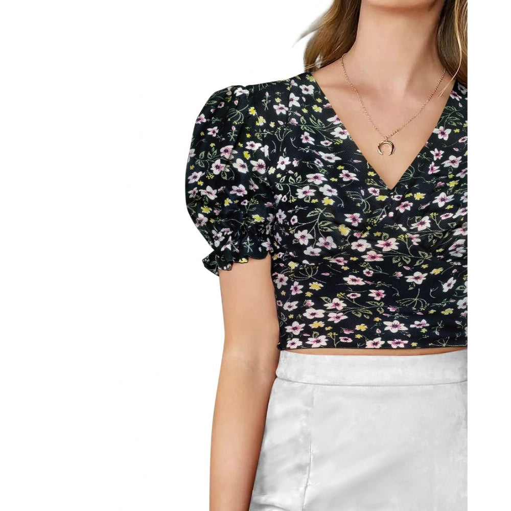 Seduva Women's Knitting Printed V-Neck Puff Sleeve Tops (Black)