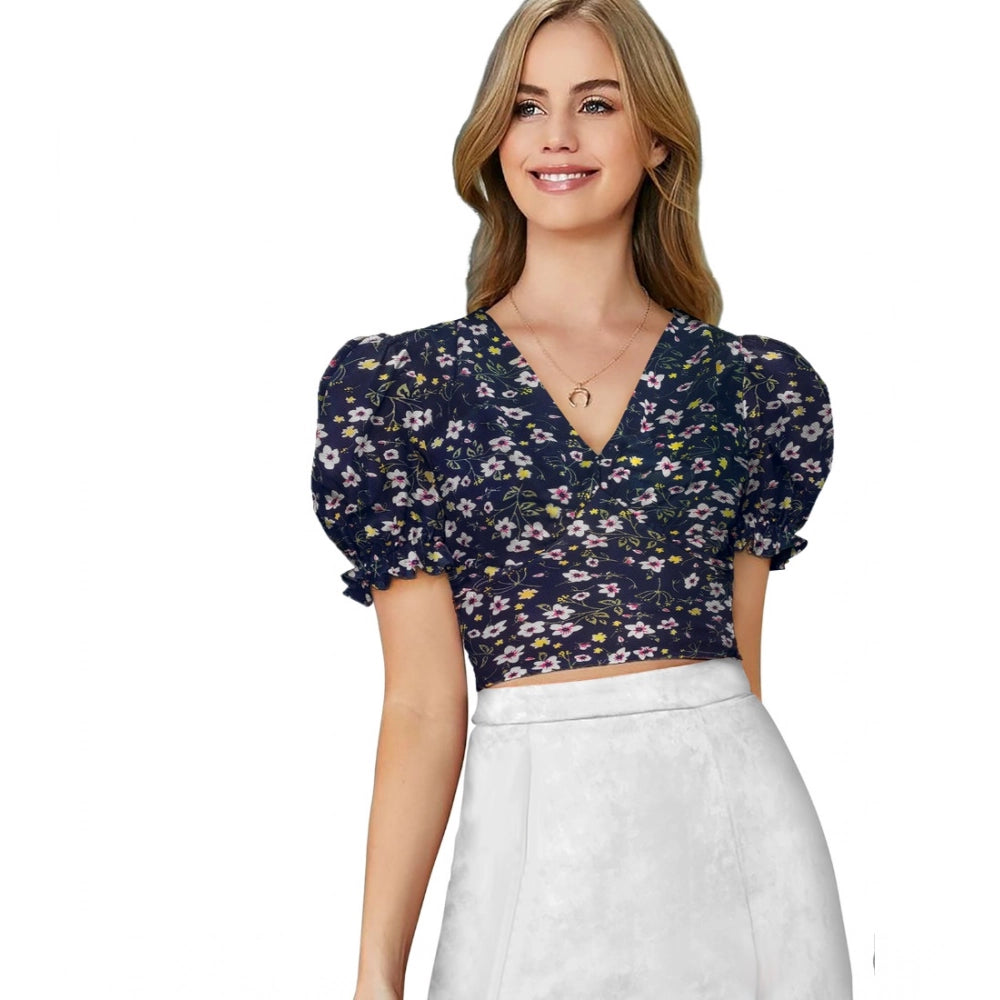 Seduva Women's Knitting Printed V-Neck Puff Sleeve Tops (Navy Blue)