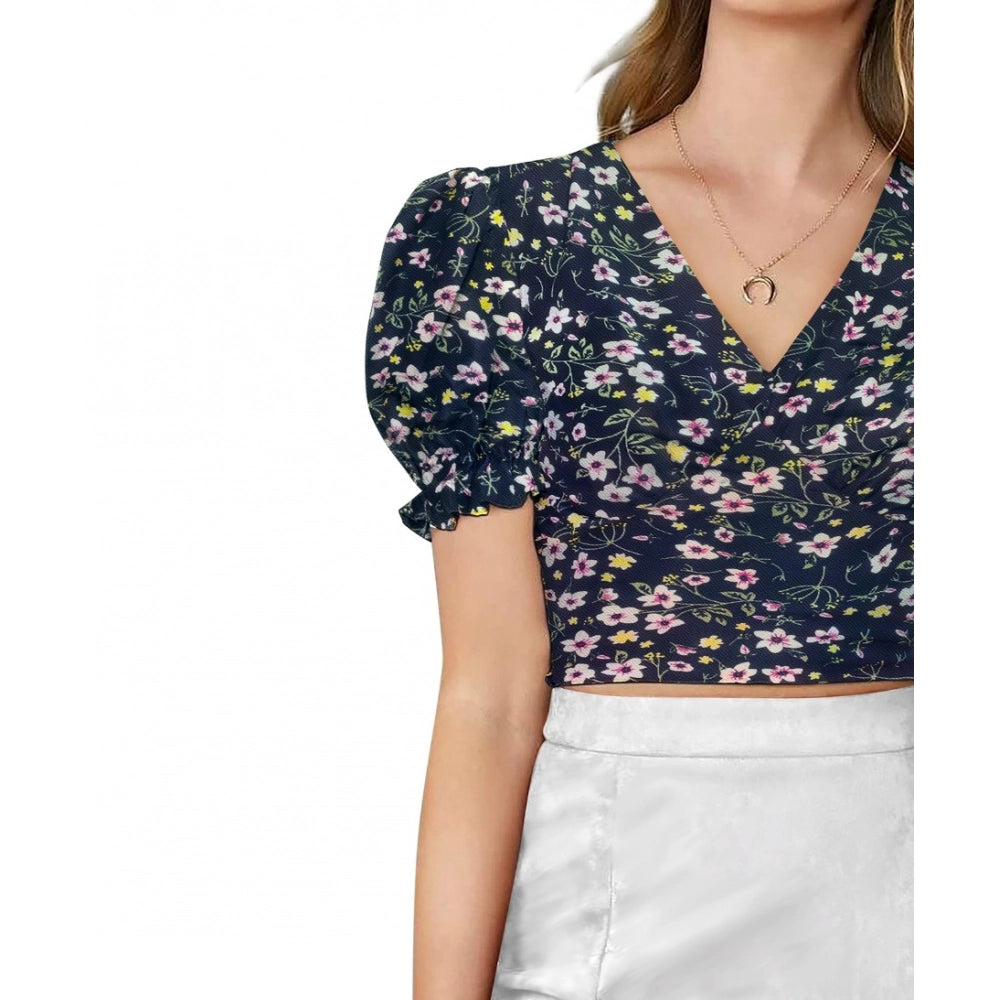 Seduva Women's Knitting Printed V-Neck Puff Sleeve Tops (Navy Blue)