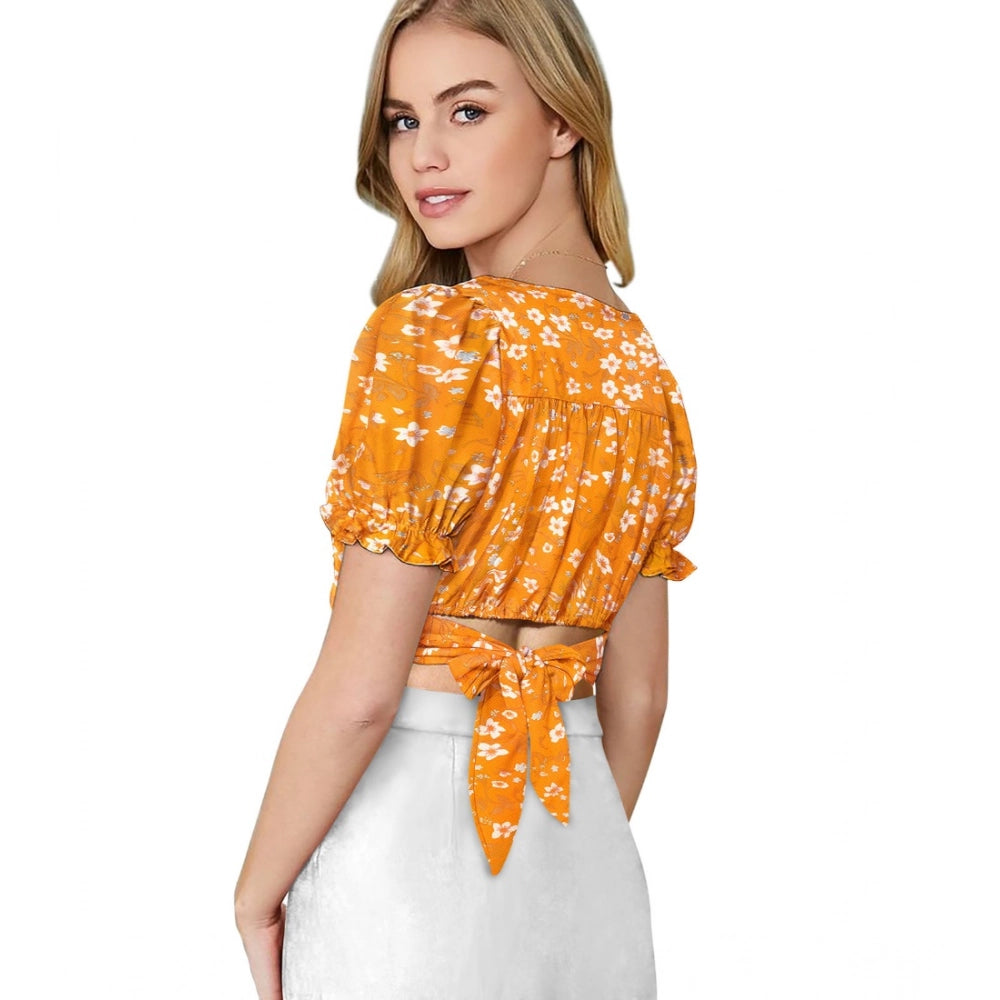 Seduva Women's Knitting Printed V-Neck Puff Sleeve Tops (Yellow)