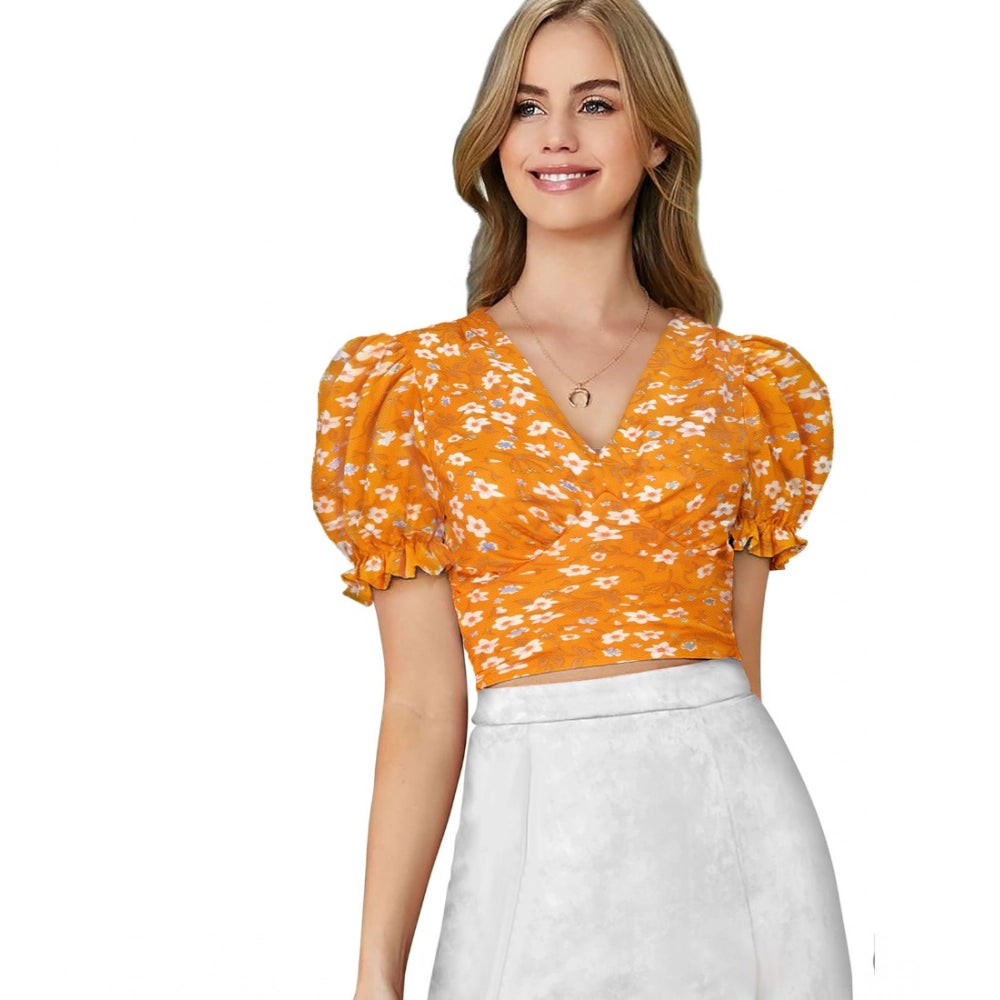 Seduva Women's Knitting Printed V-Neck Puff Sleeve Tops (Yellow)