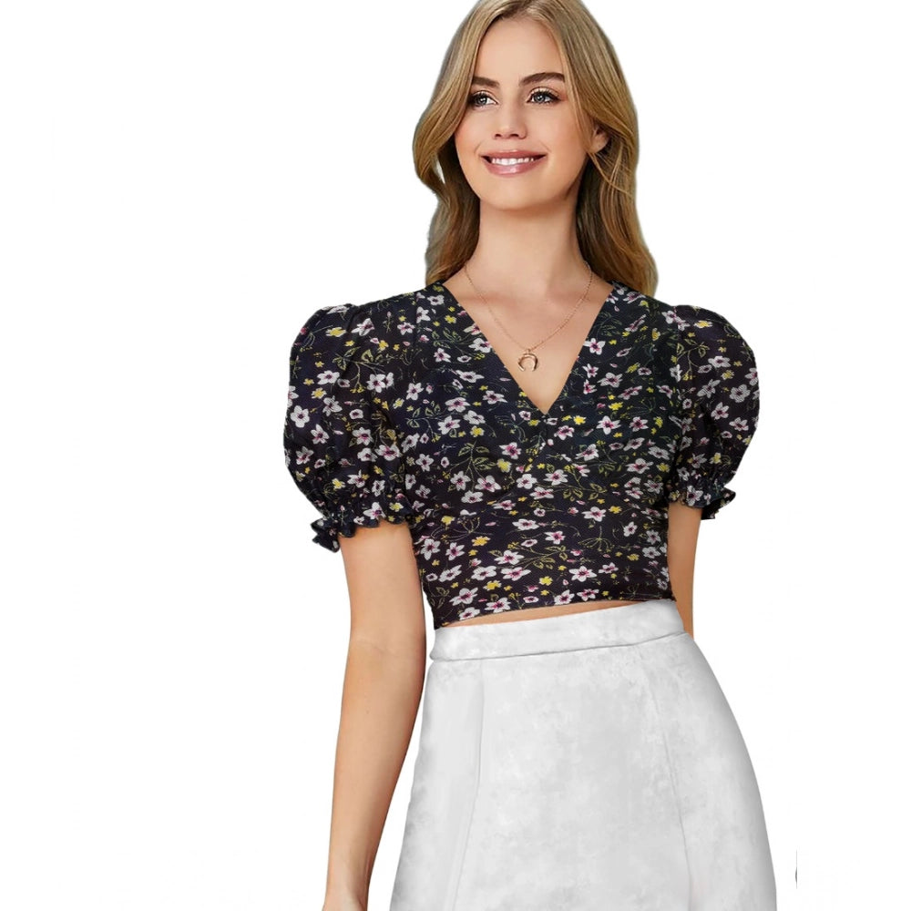 Seduva Women's Knitting Printed V-Neck Puff Sleeve Tops (Black)
