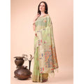 Seduva Women's Linen Cotton Printed Saree With Unstitched Blouse 5.5Mtr (Light Green)