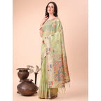 Seduva Women's Linen Cotton Printed Saree With Unstitched Blouse 5.5Mtr (Light Green)