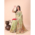 Seduva Women's Linen Cotton Printed Saree With Unstitched Blouse 5.5Mtr (Light Green)