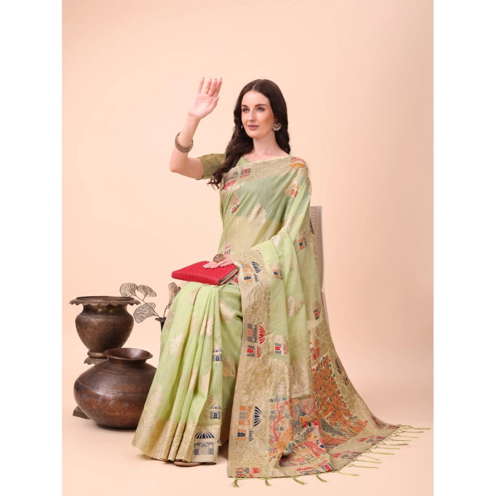 Seduva Women's Linen Cotton Printed Saree With Unstitched Blouse 5.5Mtr (Light Green)