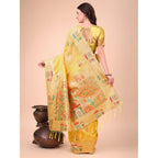 Seduva Women's Linen Cotton Printed Saree With Unstitched Blouse 5.5Mtr (Yellow)