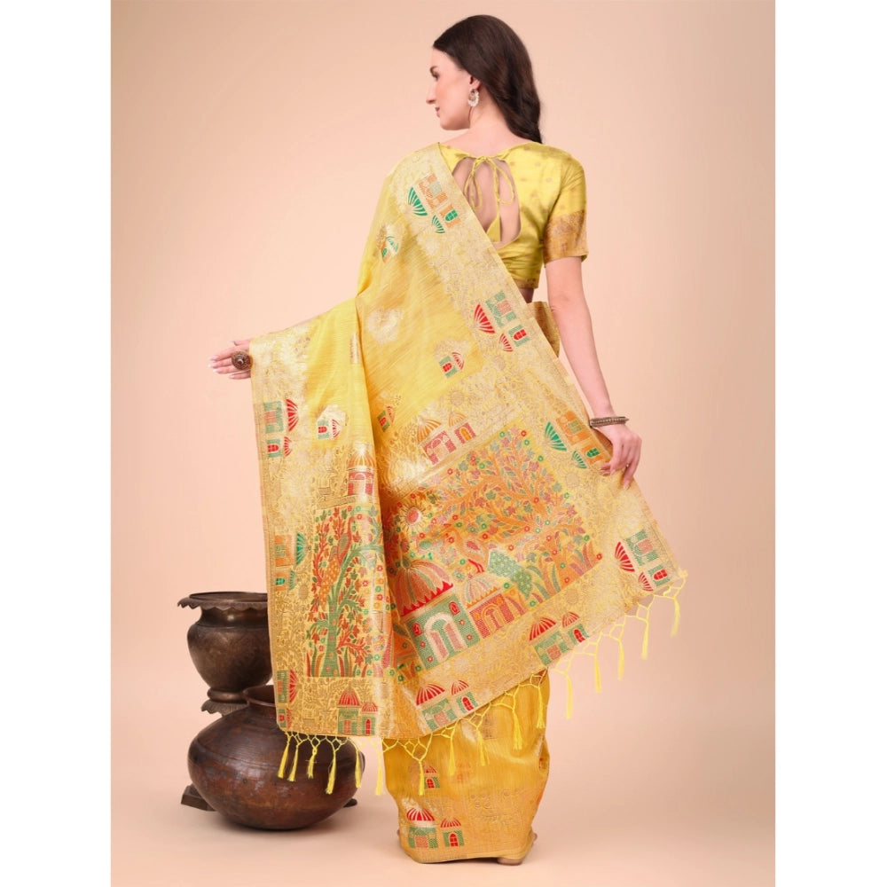 Seduva Women's Linen Cotton Printed Saree With Unstitched Blouse 5.5Mtr (Yellow)