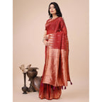 Seduva Women's Linen Cotton Printed Saree With Unstitched Blouse 5.5Mtr (Red)