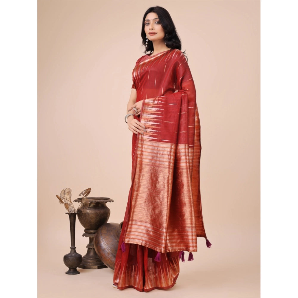 Seduva Women's Linen Cotton Printed Saree With Unstitched Blouse 5.5Mtr (Red)
