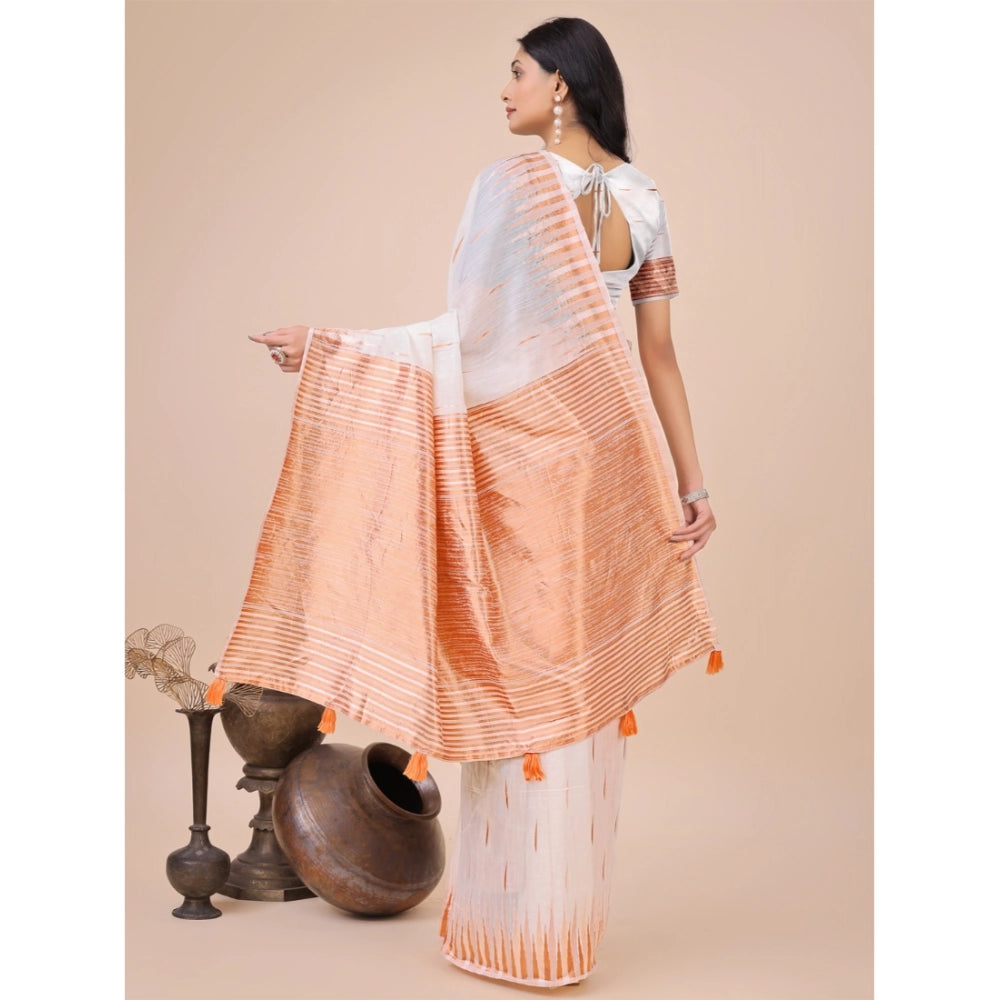 Seduva Women's Linen Cotton Printed Saree With Unstitched Blouse 5.5Mtr (White)