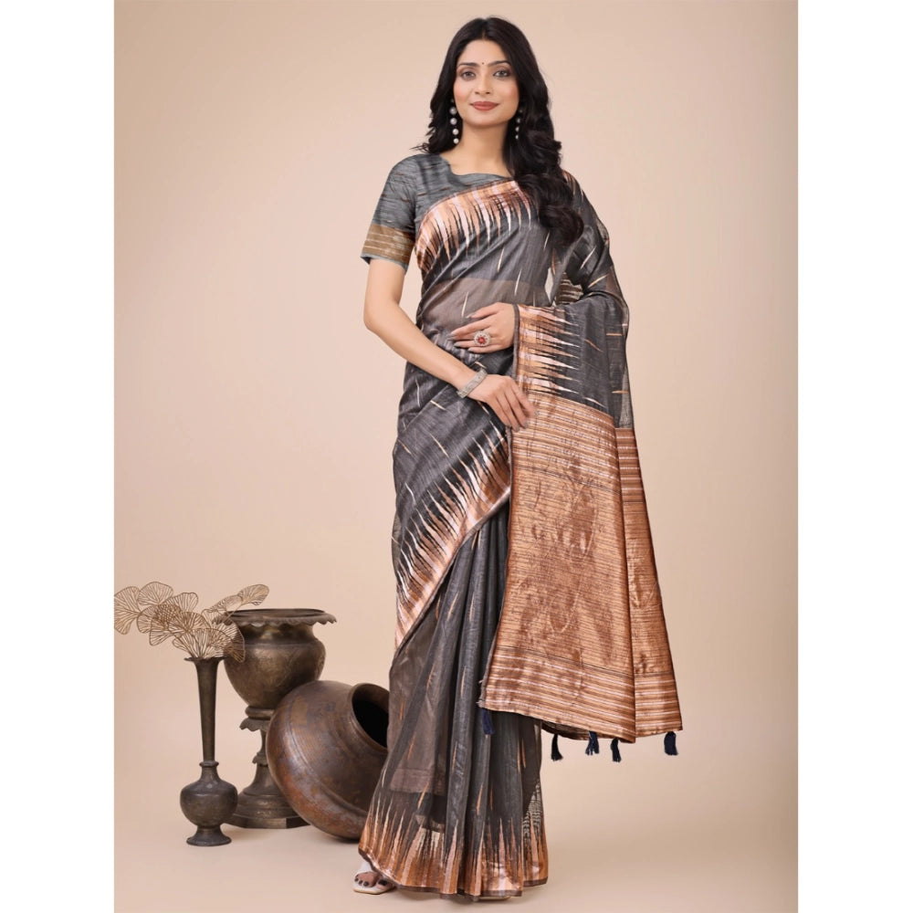 Seduva Women's Linen Cotton Printed Saree With Unstitched Blouse 5.5Mtr (Grey)