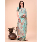 Seduva Women's Linen Cotton Printed Saree With Unstitched Blouse 5.5Mtr (Sky Blue)