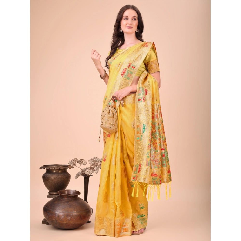 Seduva Women's Linen Cotton Printed Saree With Unstitched Blouse 5.5Mtr (Yellow)