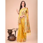 Seduva Women's Linen Cotton Printed Saree With Unstitched Blouse 5.5Mtr (Yellow)